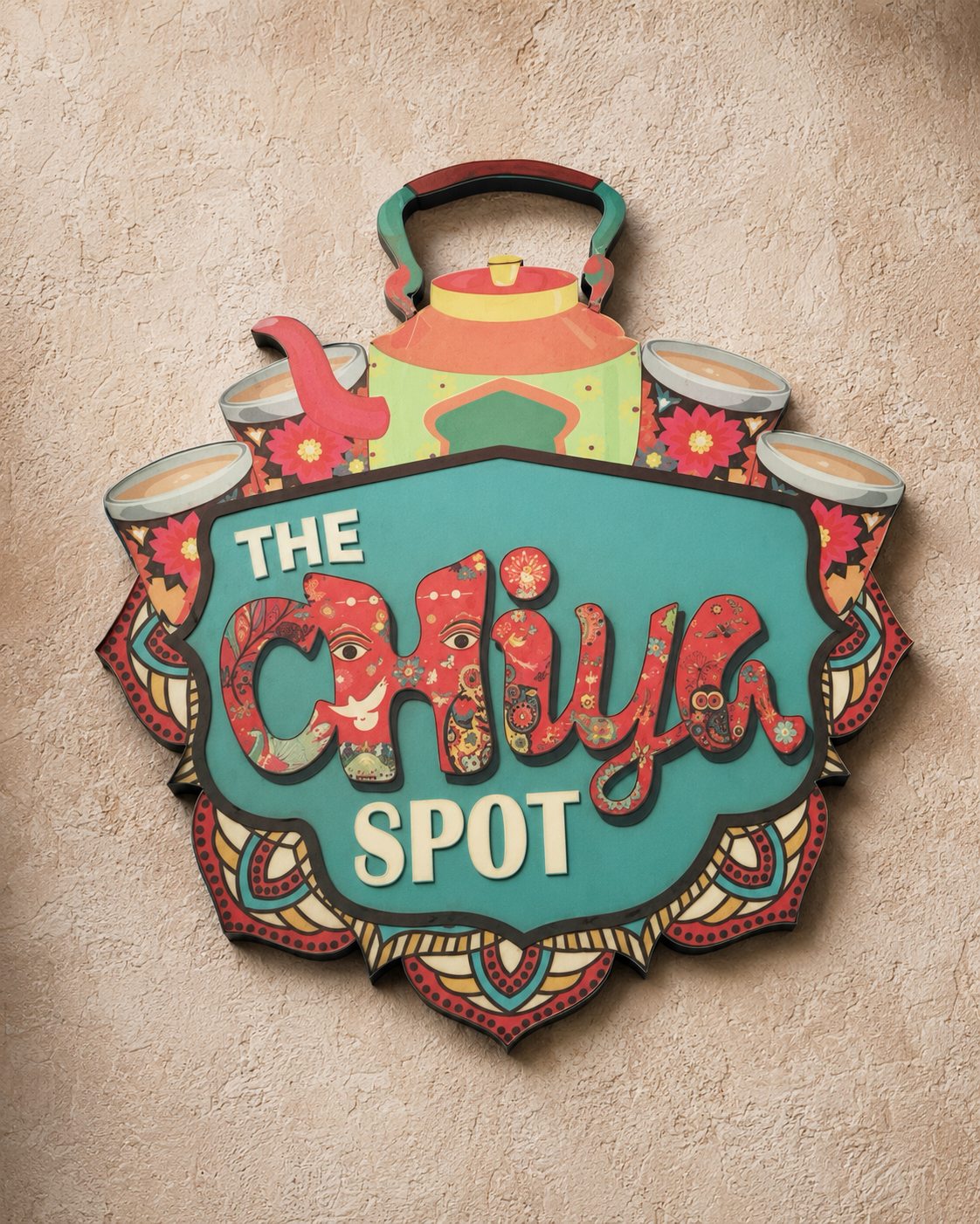 Colorful The Chiya Spot logo mounted on a textured clay wall